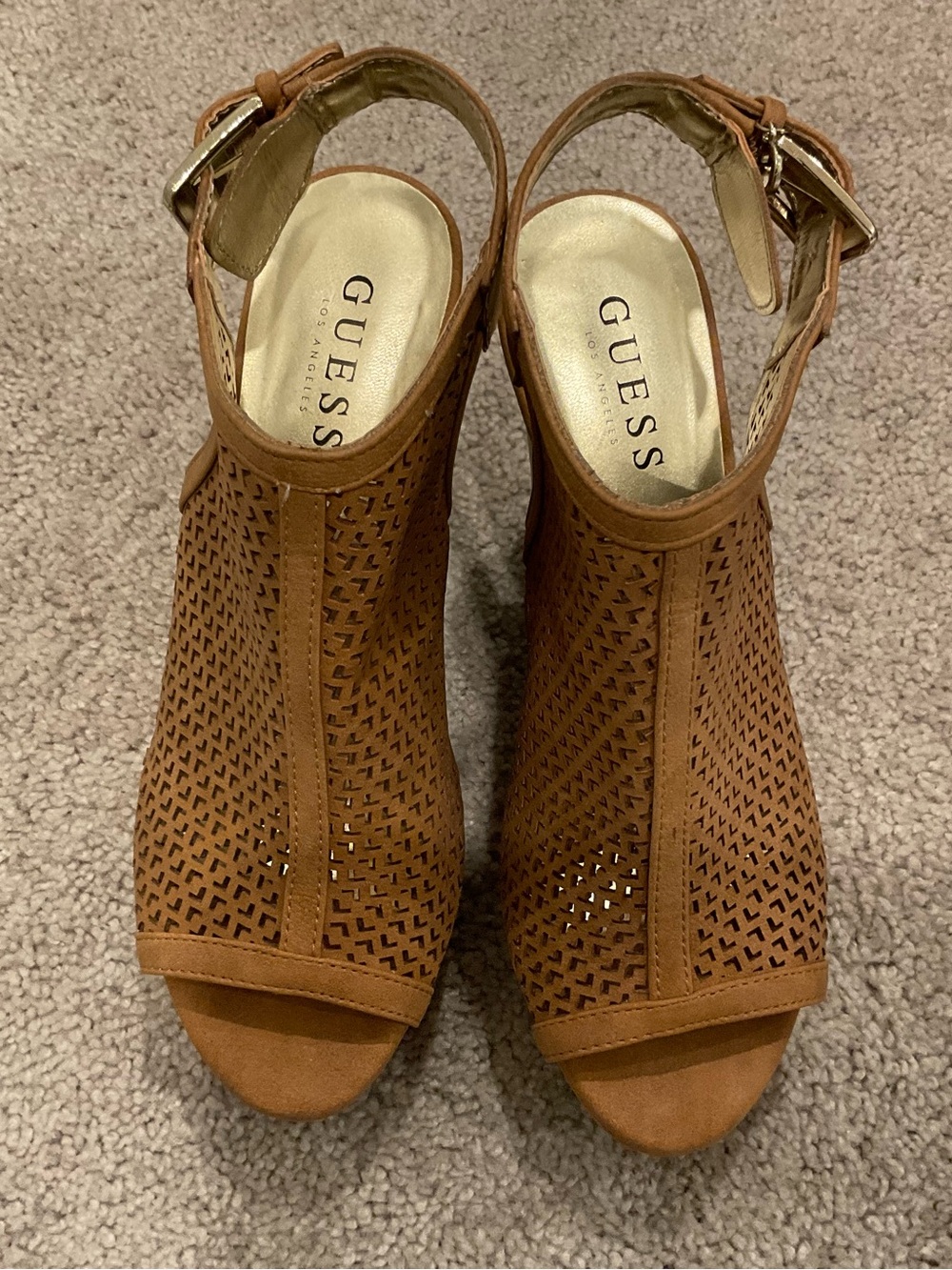 GUESS Brown Perforated Peep-Toe Ankle Strap Heels